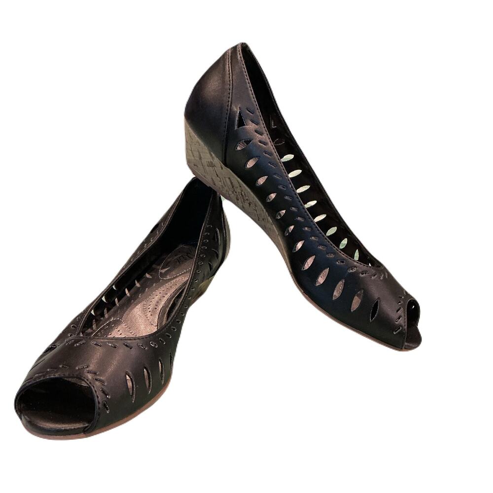 Black Wedge Heels Peep Toe Cutout Comfort Shoes 7  Like New Dexflex by Dexter
